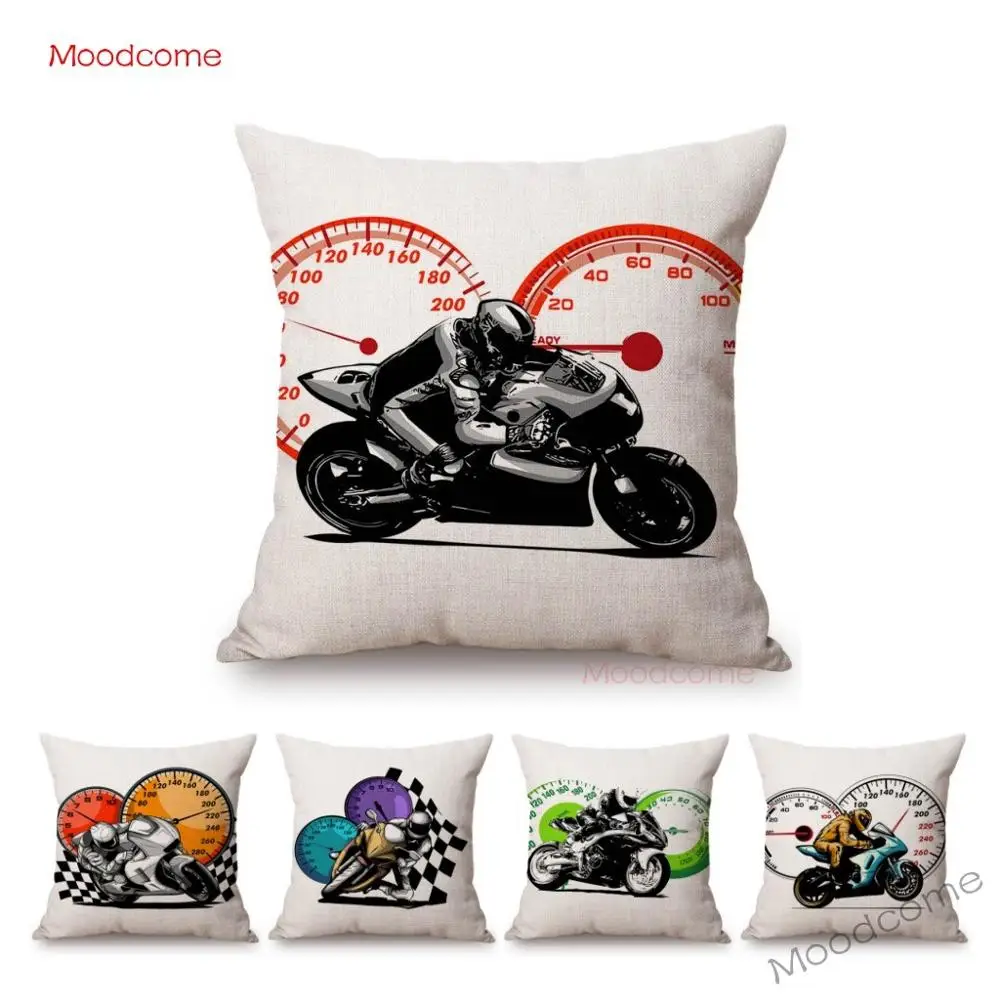 Nordic Motorbike Race Biker Club Car Pillow Case US Flag Motorcycle Art Sofa Chair Waist Pillow Beige Linen Decor Cushion Covers
