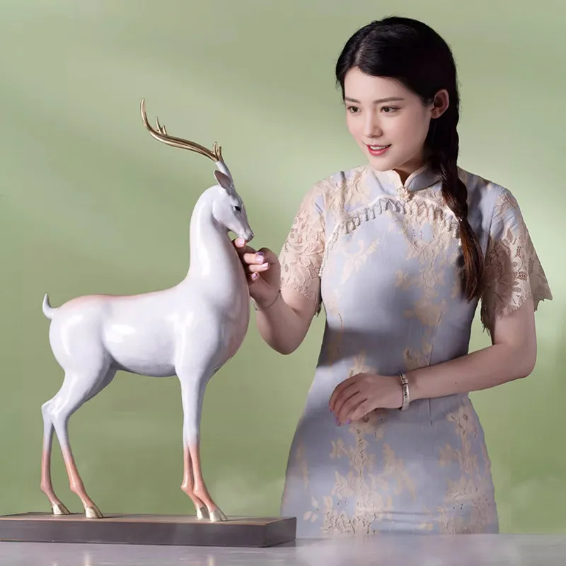 Copper Fortune and Prosperity Auspicious Copper Deer Ornament, New Chinese Home Living Room Craft