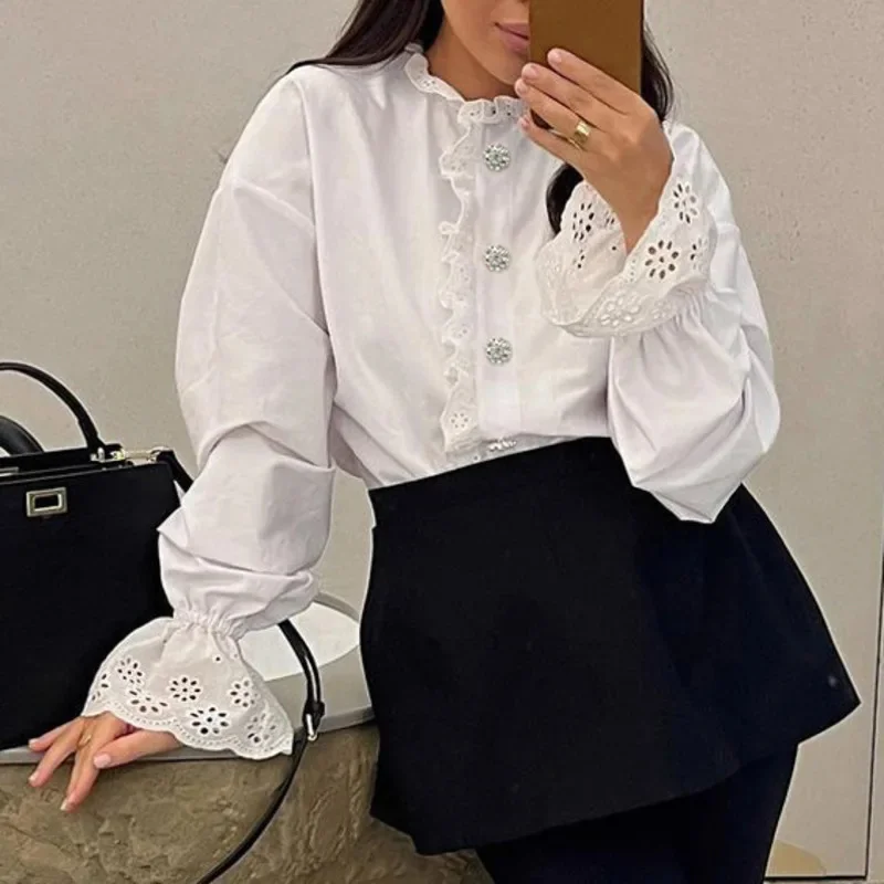 Camisa blanca elegante de oficina para mujer, blusa holgada de manga larga con cuello redondo, Top clásico informal para negocios y ropa informal 2024