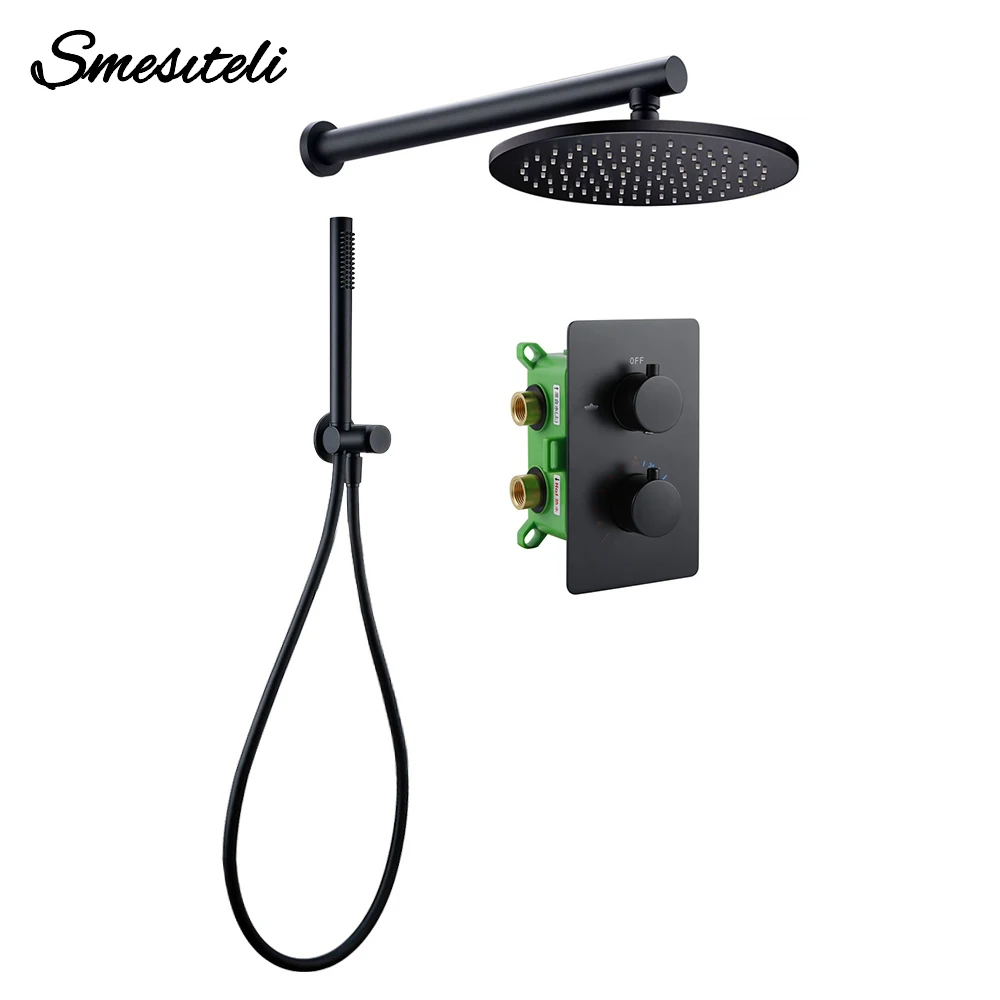 

8-16 Inch Matte Black Thermostatic Shower fuaucet Recessed Brass Valve Concealed Thermostat Tap Bathroom Shower System