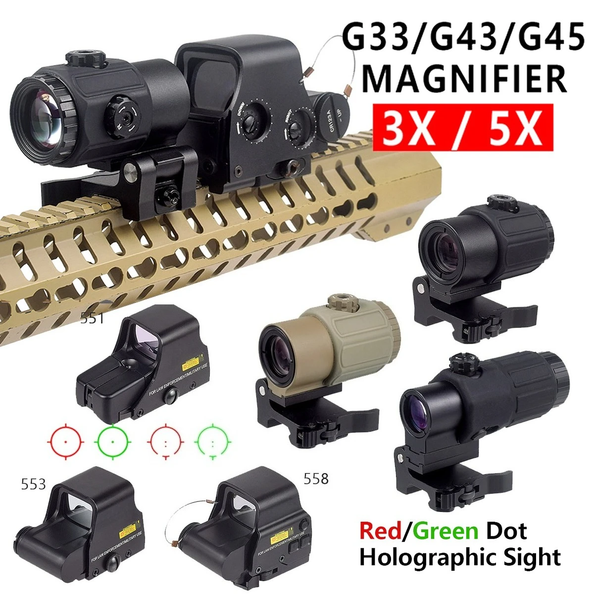 

Tactical 558 G33 G43 G45 Sight Fixed 3X 5X Magnifier Scope With UN Mount Switch Side QD Mount For Airsoft Hunting Riflescopes