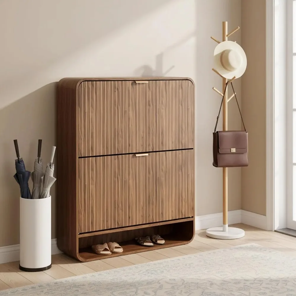 

Узкий шкаф для обуви с 2 откидными ящиками, рифленый шкаф для хранения обуви для прихожей, тонкий скрытый органайзер для обуви, цвет орех