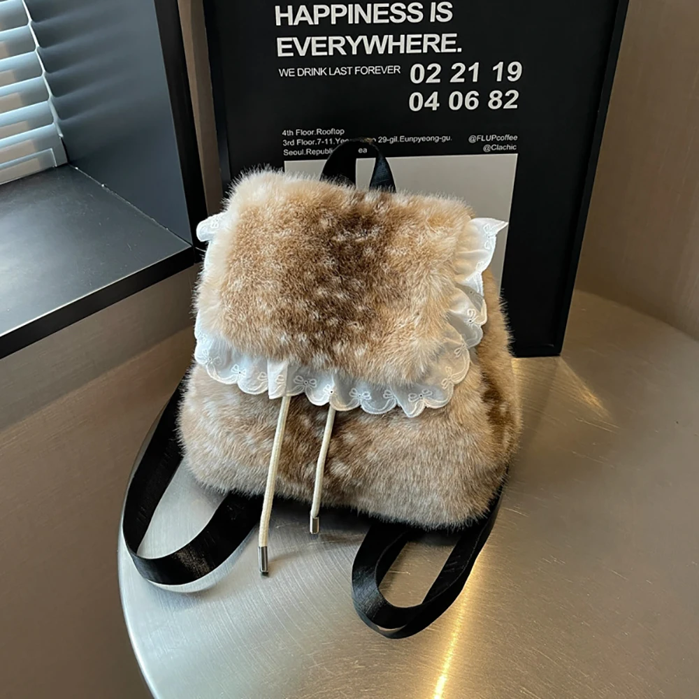 Delicate Plush Soft Handle Backpack Women's Autumn Winter Drawstring Double Shoulder Bags Casual High Grade All-Match Backpacks