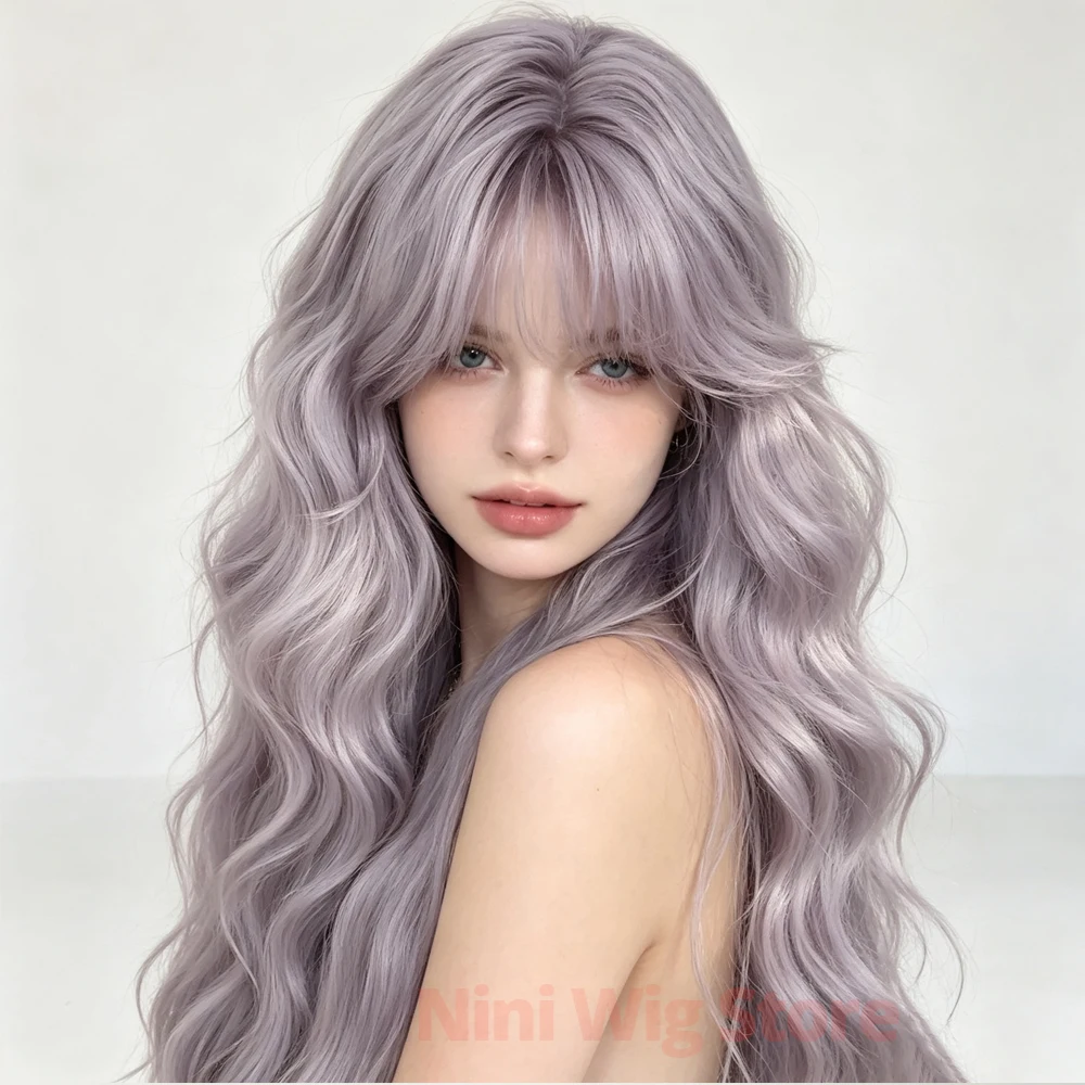 Purple Long Wavy Synthetic Wigs with Bangs for Women Daily use Cosplay Party Halloween Lolita Natural Heat Resistant Curly Hair