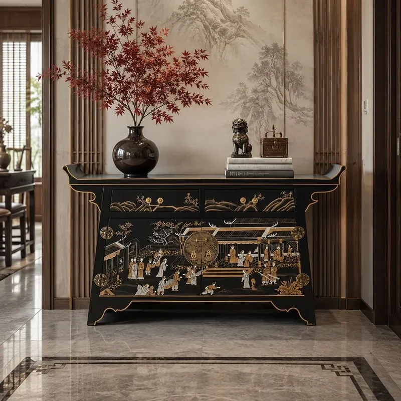 Neoclassical Chinese Style Black Gold Decorative Cabinet for Villa Entrance Foyer Clubhouse High End Model Room Furniture