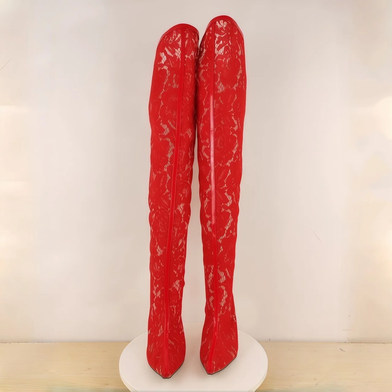 Women's Bright Red Lace Over-The-Knee Stiletto Boots Pointed Toe with Textured Fabric for Parties Nightclubs Glamorous Statement