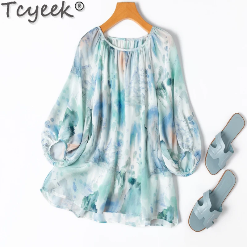 

Tcyeek 100% Mulberry Silk Blouse 2024 Summer Clothes Blouses for Women Loose Fit Top Womens T-shirts Lantern Sleeve Blusa Mujer