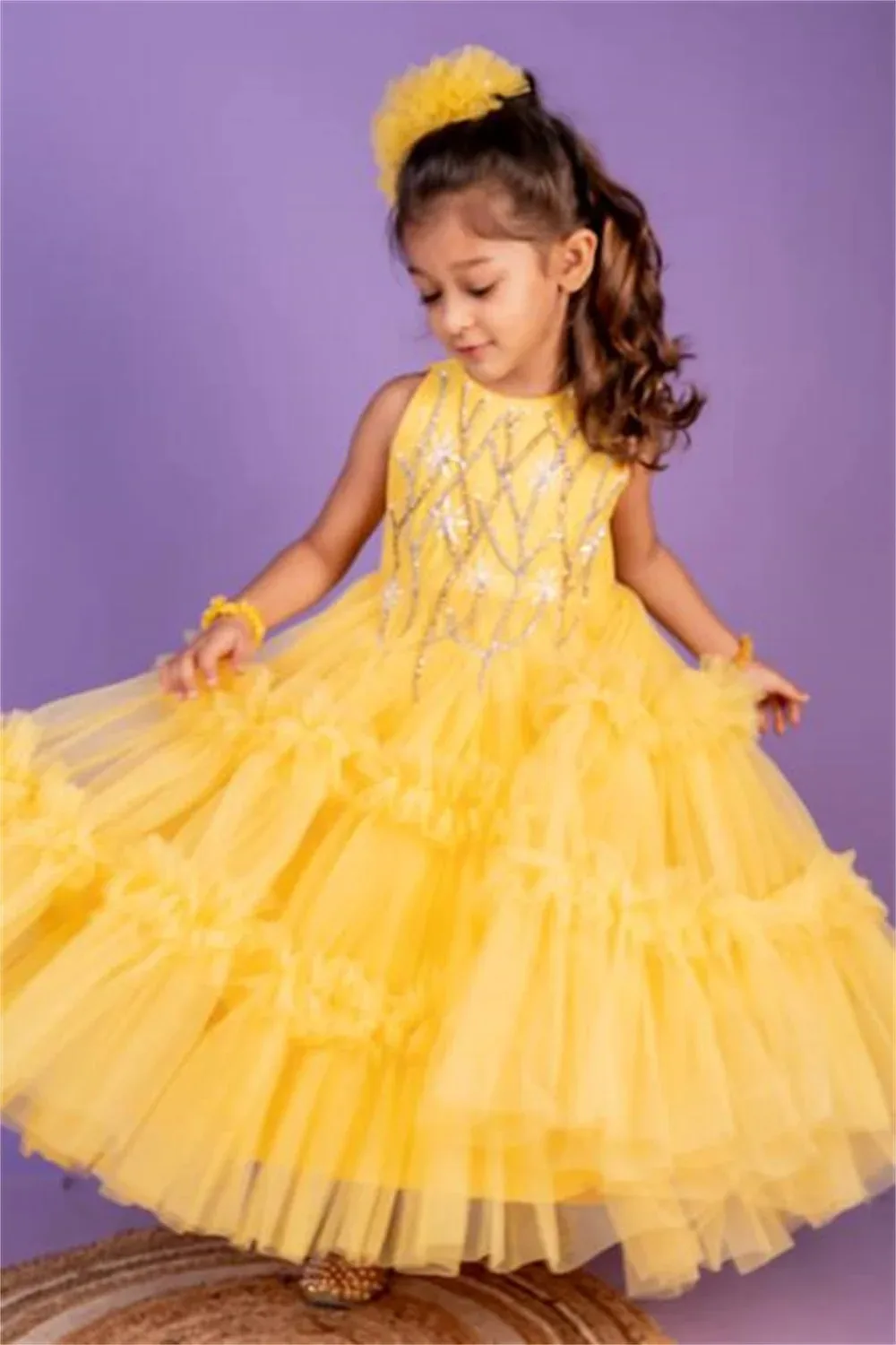 Customized Yellow O-Neck Flower Girl Dress Sequins Sleeveless First Communion Ball Birthday Graduation Ceremony Wedding Party