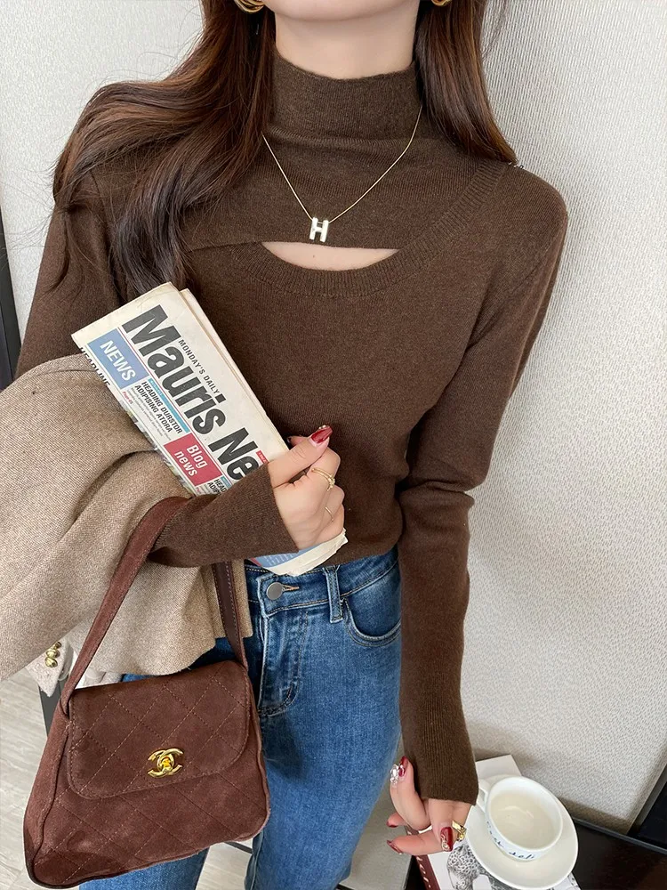 AOSSVIAO Hollow-out Turtleneck Knitted Women Sweater Ribbed Pullovers Autumn Winter Basic Women Sweaters Fit Soft Warm Tops