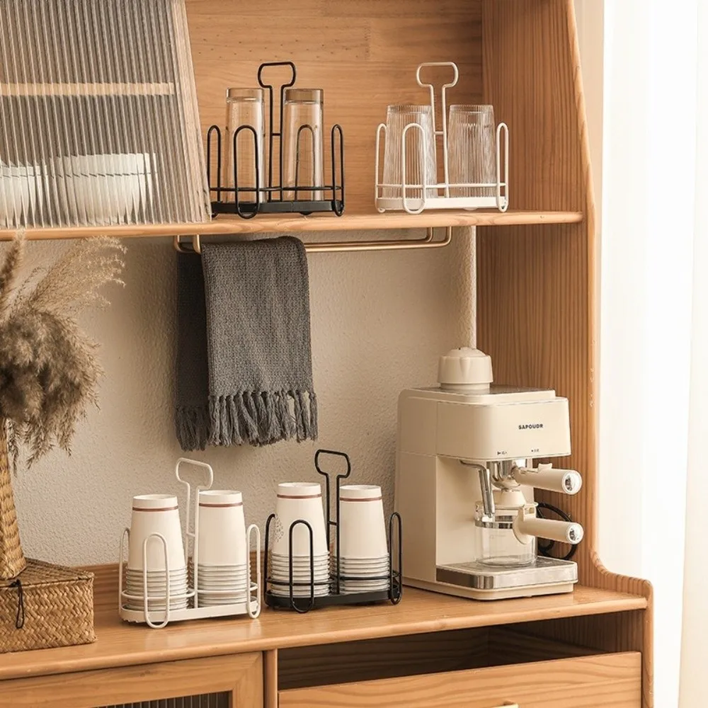 

Durable Metal Cup Rack Black/White Hollow Out Design Cup Holder Dispenser Double Layer with Handle Kitchen Paper Cup Holder