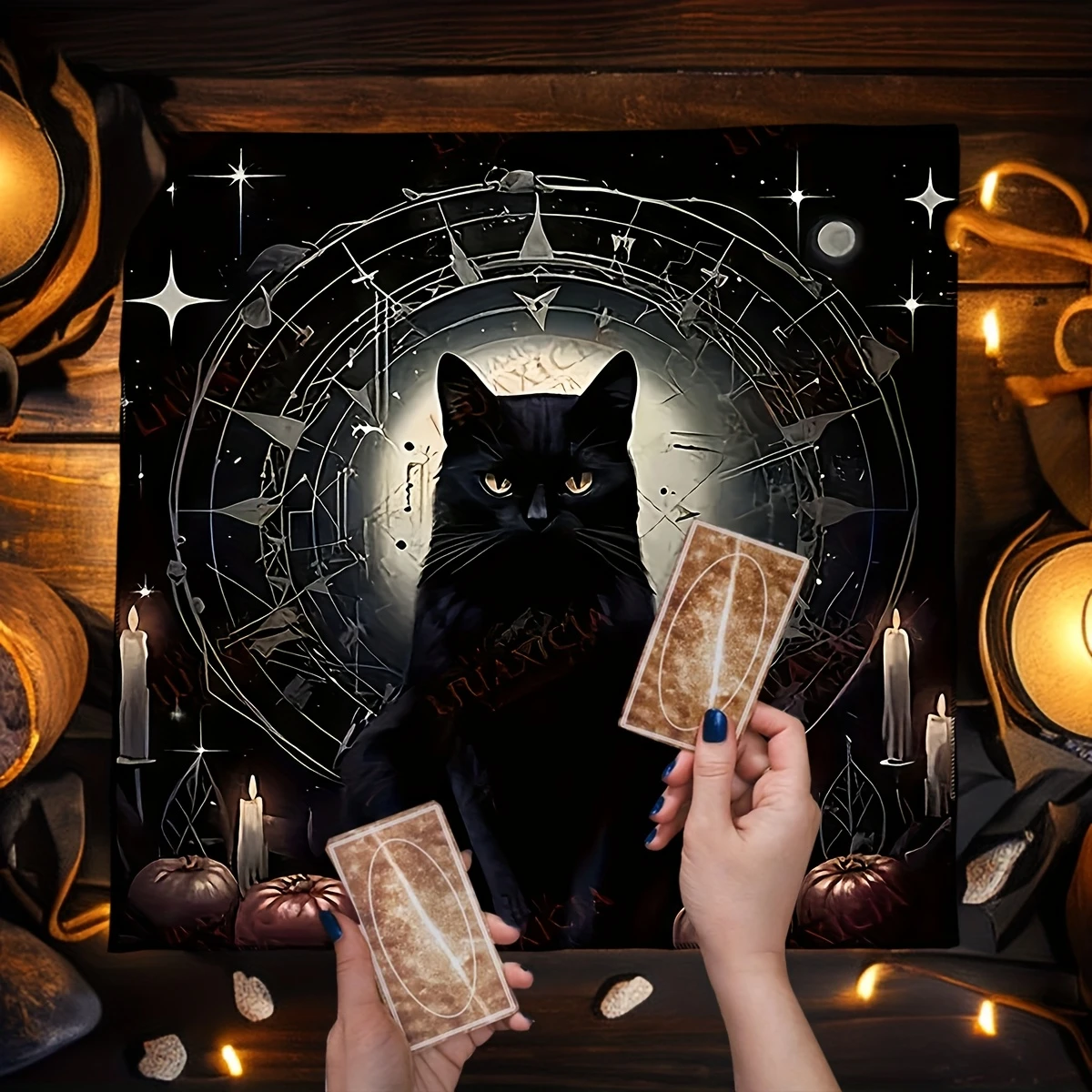 1pc Mystical Black Cat Altar Tablecloth – Witchcraft, Tarot, and Astrology Decor with Starry Zodiac Design for Home, Room