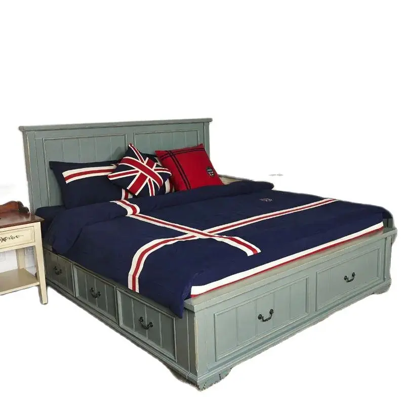 American rural solid wood bed double high box storage bed