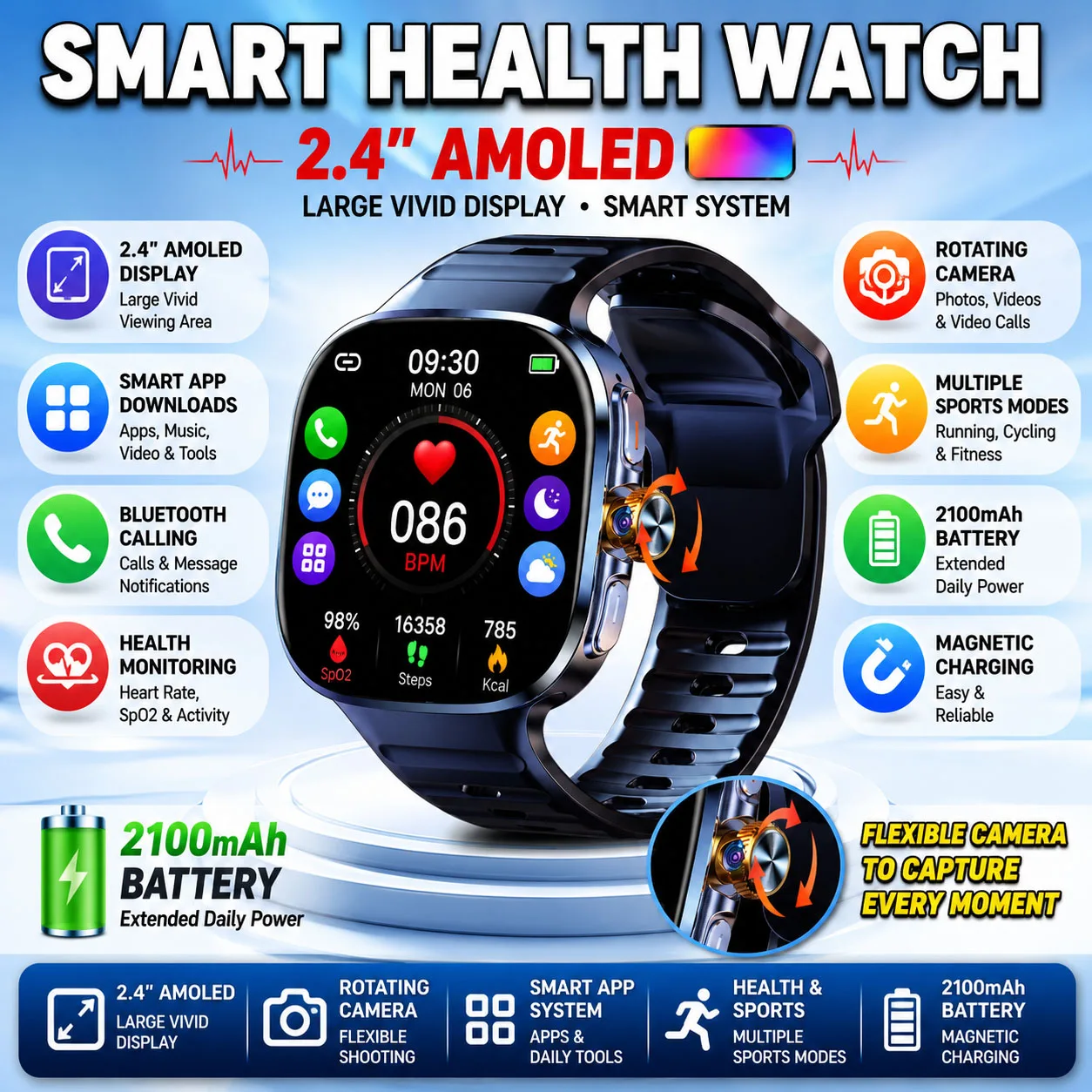 5G/4G Smart Watch 2.40 Inch AMOLED 900W Camera 8GB+128GB RAM 2100mah Battery GPS WIFI Google APPS Download Smartwatch Android 10