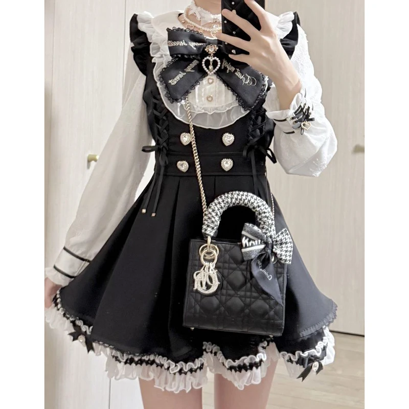 Robe patchwork Lolita, ensemble 2 pièces: robe à manches longues et col Peter Pan avec nœud doux et jupe Perppy en dentelle à volants taille haute
