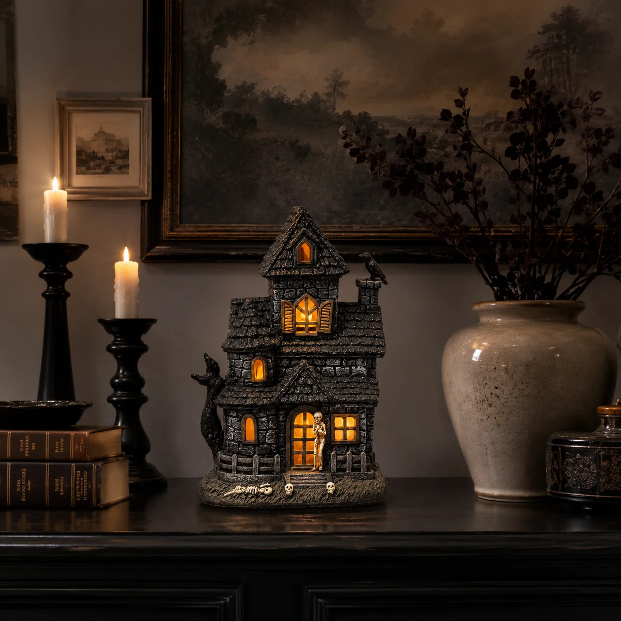 Halloween Lighted Haunted House Resin Figurine with Skeleton & Crow, Spooky Tabletop Ornament for Home Party Decoration