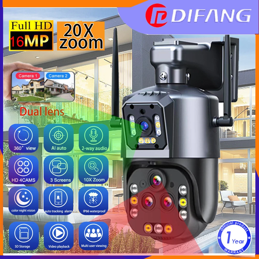 

DIFANG 8K 16MP WiFi Camera 20X Zoom Home Security Protection Outdoor Wireless IP Camera CCTV Four Lens Dual Screen IPC360 HOME