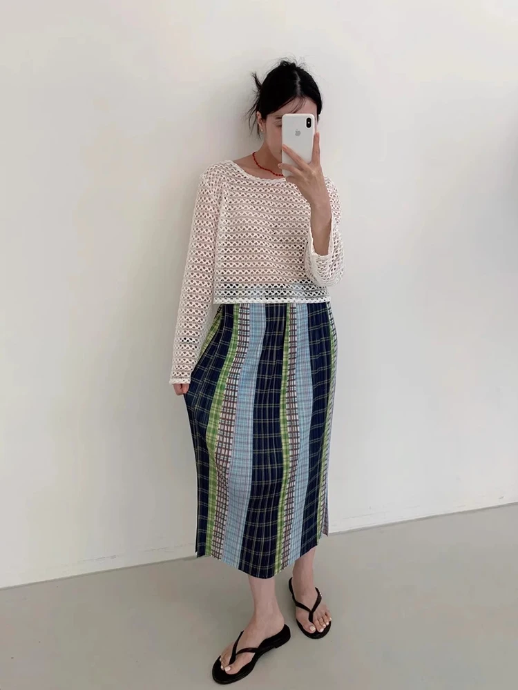 ZHISILAO Vintage Plaid Long Straight Skirts Women Summer 2025 Chic Lattice Boho Beach Wear Skirts Holiday