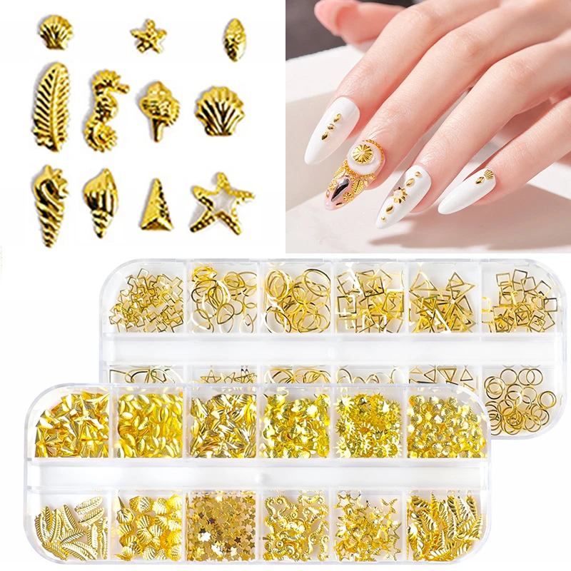 12 Grids Mixed Rose Gold Nail Art Alloy Studs Moon Star Feathers 3D Metal Rivet Decorations Charm Stone Gems Nails Accessories