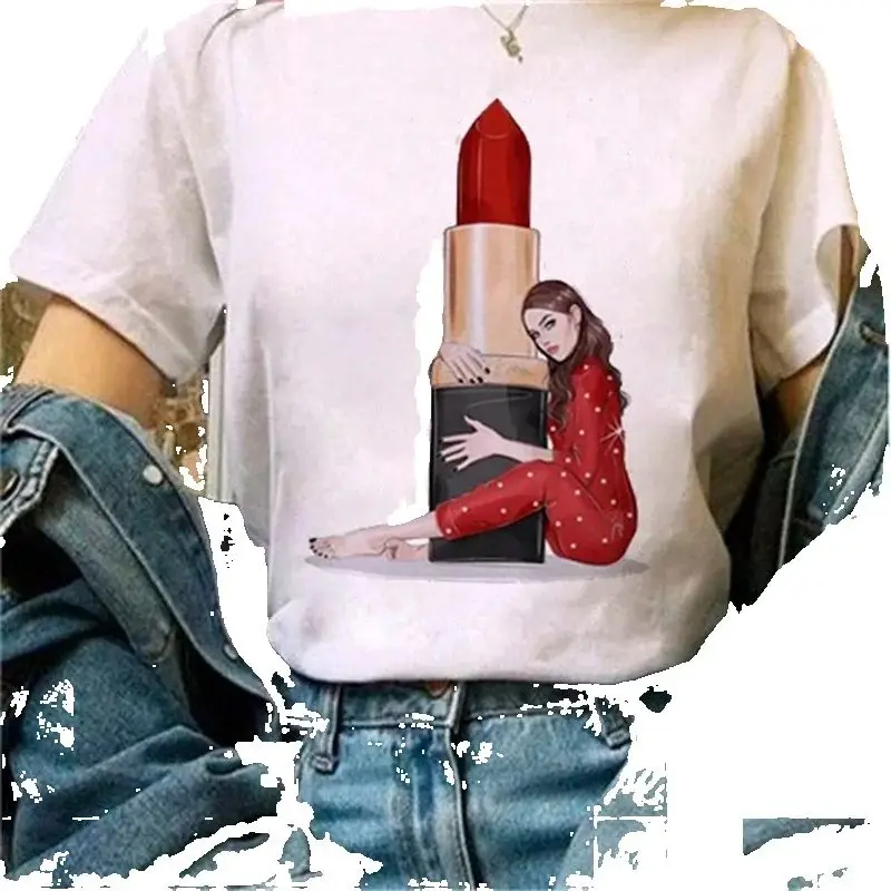 Women's Fashionable Sexy Lip Print T-shirt Summer Short-Sleeved Round-Neck Polyester Base Shirt Personalized Trendy Top