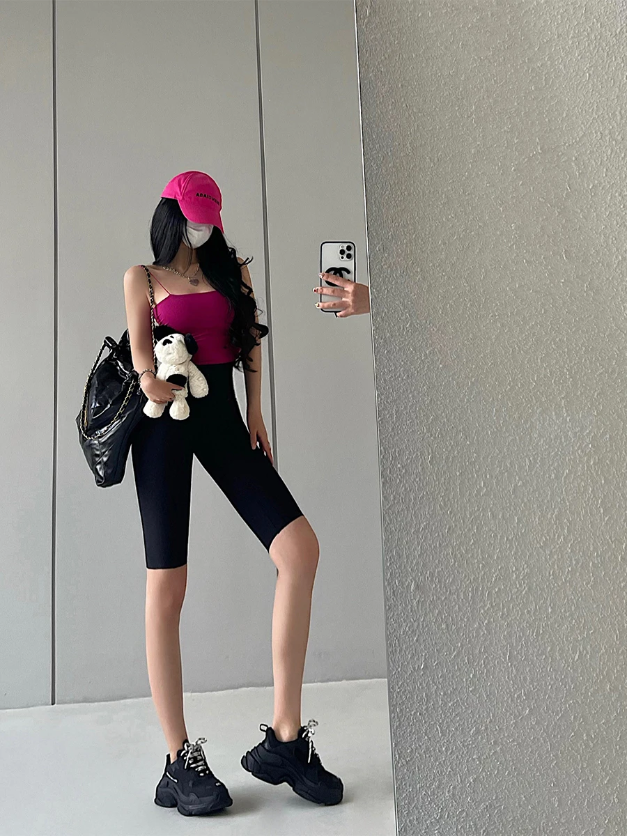 High-Waist Slimming Elastic Riding Sharkskin Pants Young Girl Day Sporty Five-Quarter Length Shorts Ladies' Base Layer Trousers