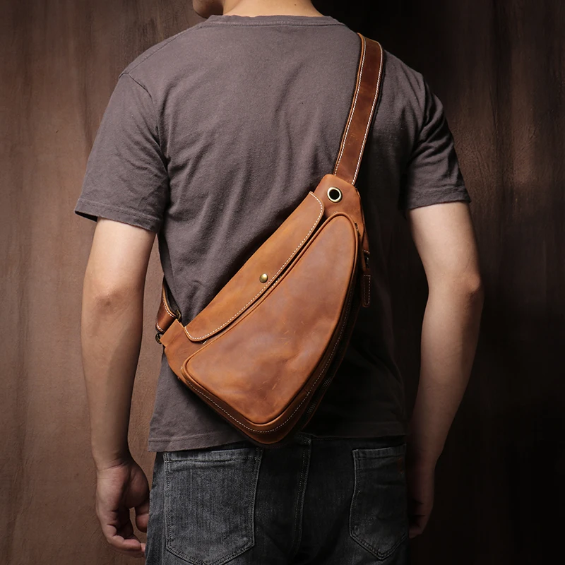 LUOKIR-Bolso de pecho Vintage Crazy Horse para hombre, bandolera de cuero genuino de alta calidad para deportes al aire libre, senderismo, bandolera