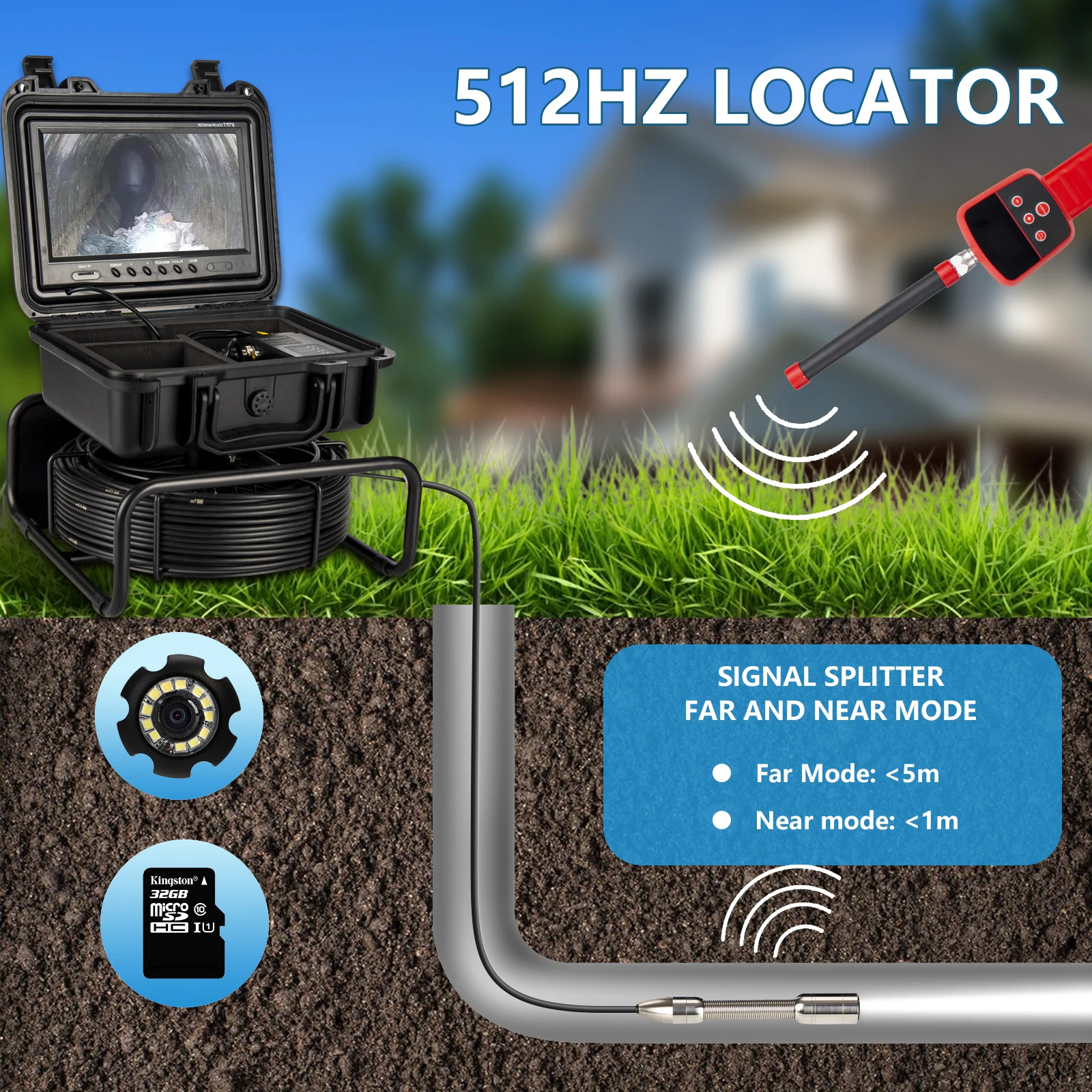 512HZ Transmitter +512 Receiver Sewer Camera Locator 9inch 1080P Display Sewer Pipe Inspection Camera 8GB Card Video Recording