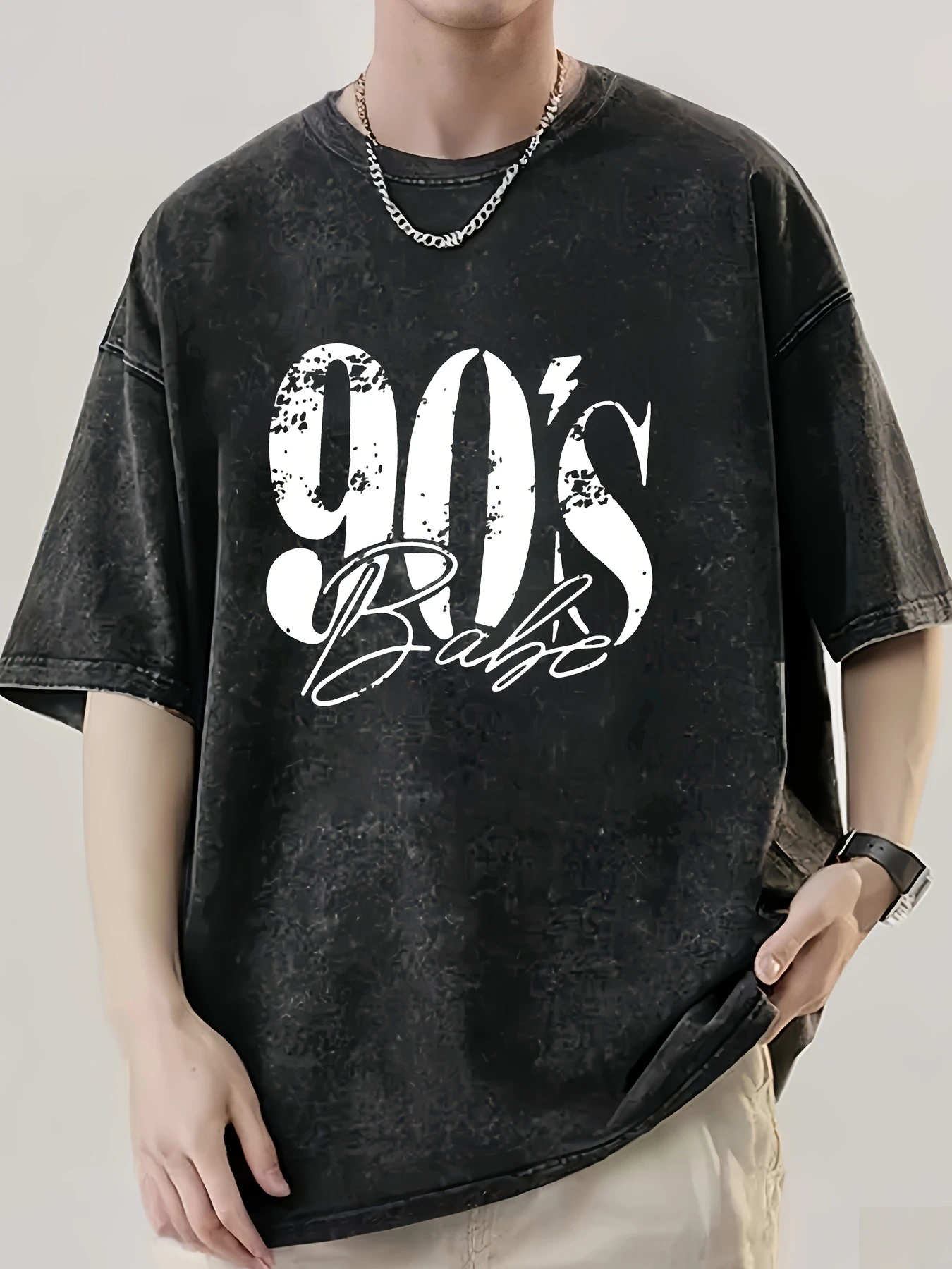 90's BABE Digital Letter Print Summer Men's Trendy Drop-Shoulder Sleeve High-Quality Thickened Heavyweight