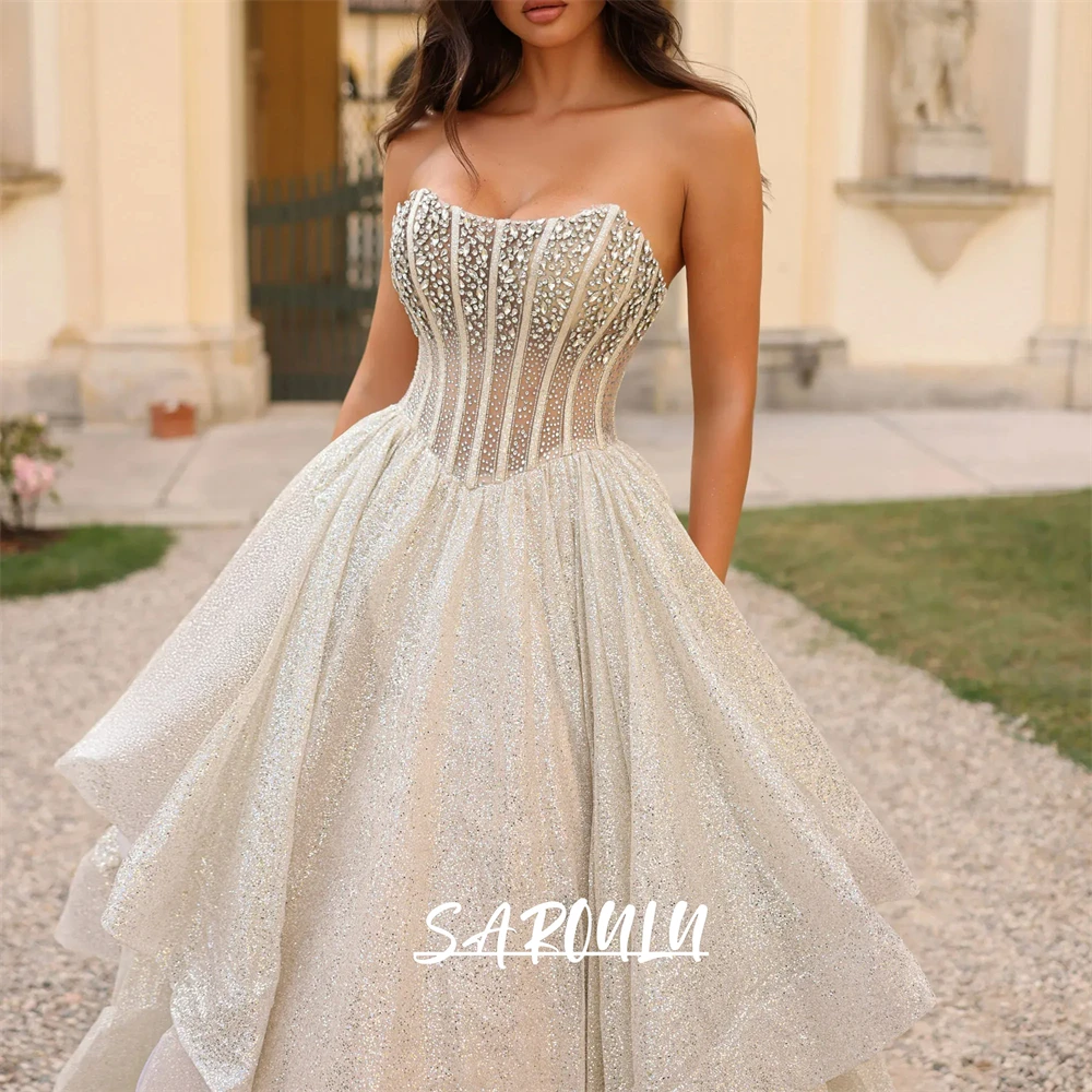 Crystals Ball Gown Wedding Dress for Bride 2026 Strapless Illusion A Line Bridal Gown Customized Shiny Bride Dresses