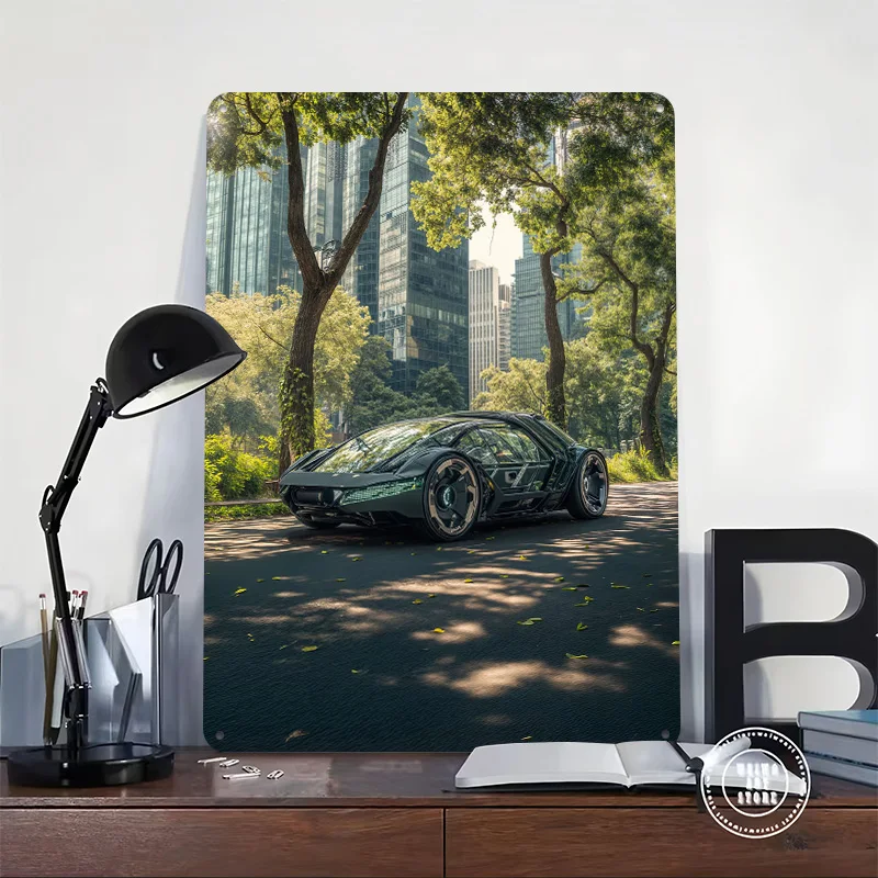 Futuristic in Urban Park Setting Car Printed Poster Customized Retro Wall Art Vintage Metal Tin Signs for Home Decoration Garage