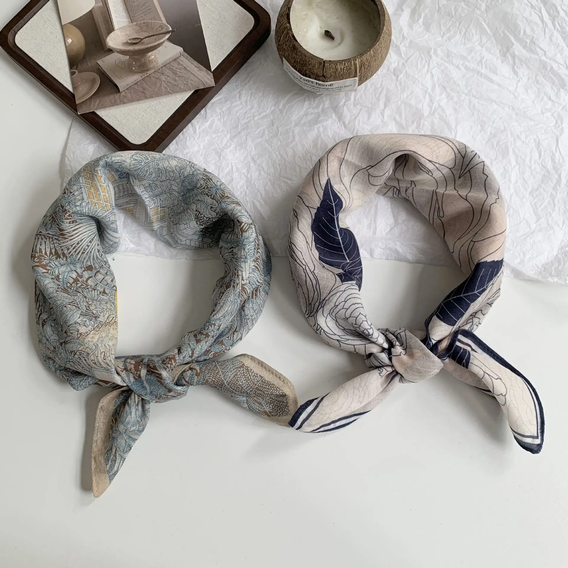 70cm Linen Scarf for Women White Rose Floral Double Sided Neck Kerchief Shawl Premium Soft Lightweight Daily Wear