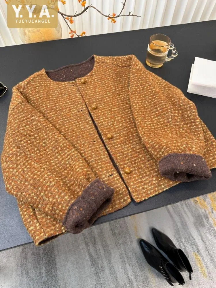 

Осень-зима женская двусторонняя элегантная твидовая куртка с круглым вырезом шерстяное пальто модная офисная женская верхняя одежда прямого типа с длинным рукавом