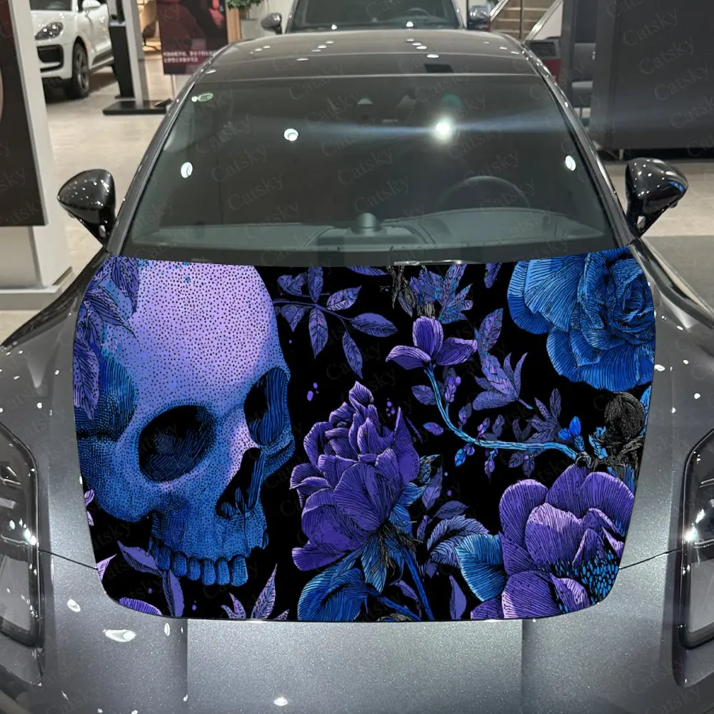 Car Decal Creative Dark Art Design of Skull Surrounded by Blue Florals Car Hood Sticker, Waterproof Self - Adhesive PVC Graphics