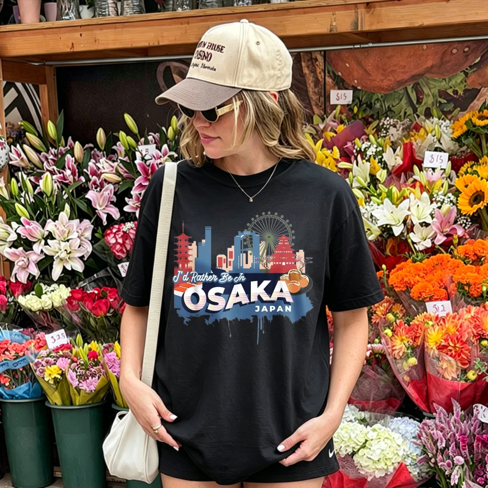 OSAKA Japan City Skyline Pagoda Ferris Wheel Watercolor Print Women Cotton T Shirt Japanese Travel Vacation Souvenir Casual Tops