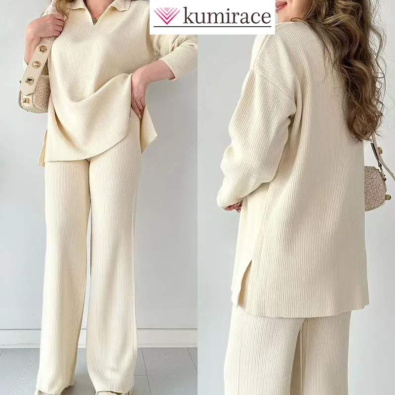 

Autumn and Winter New Fashionable Solid Color Wide Panasonic Swing Knitted Shirt Two Piece Set for Women Sweater Matching Sets