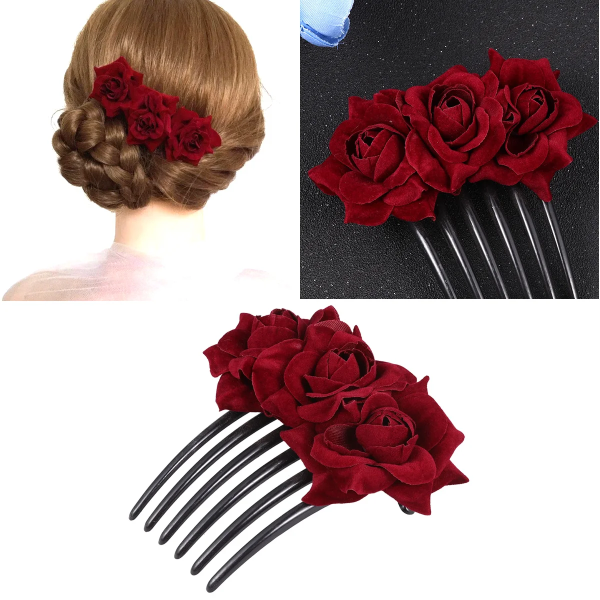 

Rose Hair Comb Wine Red Floral Hair Accessory For Women Girls Bridal Wedding Party Festival Photography Decoration Floral Comb