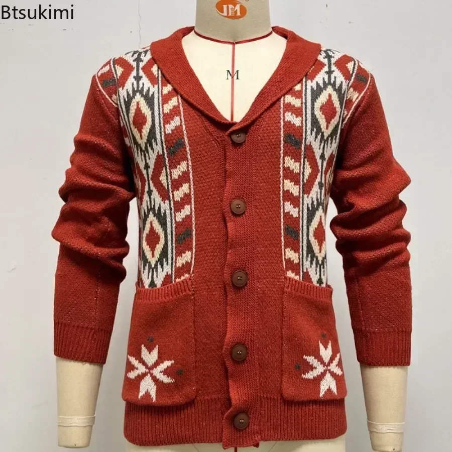 2026 Autumn/Winter Men\'s Sweaters Lapel Retro Jacquard Sweater Coats Man Knitted Cardigan Thicker Warm Sweater for Men\'s Jacket