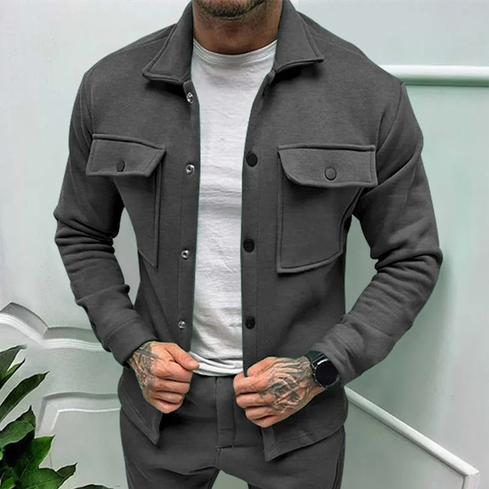 Men Winter Thick Warm Plush Casual Long Sleeve Coat Button Fleece Jacket Solid Color Casual Top Fashion Men\'s Jacket Outwear