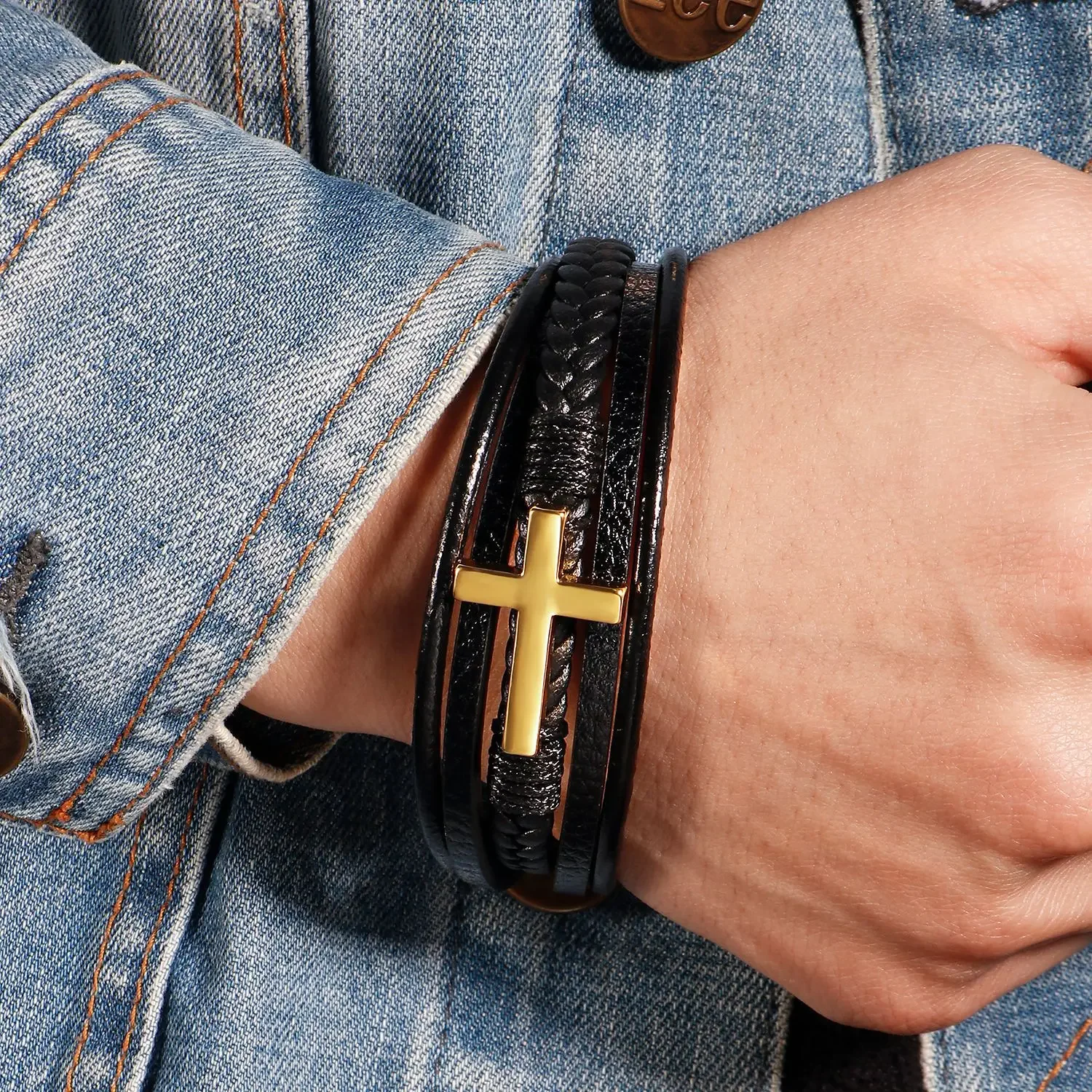 

Light luxury fashion genuine leather hand-woven cross charm bracelet for men, magnetic clasp bangle