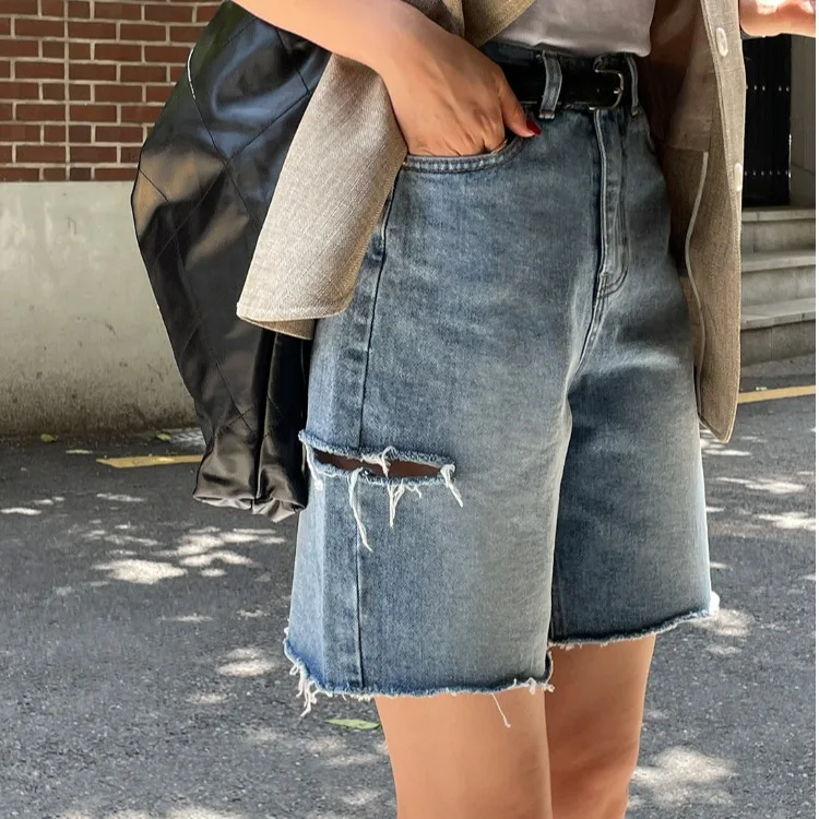 Ripped Side Hem Vintage Loose Jeans Shorts High Waist Five-Foot Blue Denim Casual Summer Trousers for Young Women