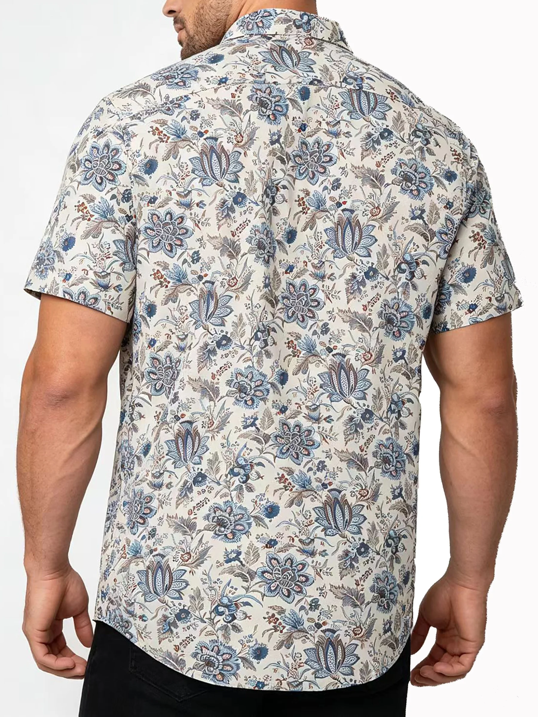 Men Short Sleeve Shirt Beige Base Vintage Blue Floral Botanical Print Turn‑Down Collar Casual Hawaiian Tops