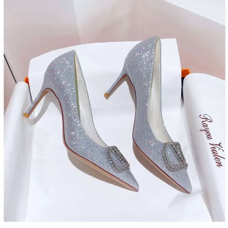 

Woman shoes luxury women's shoes Heels For Women 2024 Brand High Heels Metal Button With Low Heel Pointed Toe Pumps Party Dress