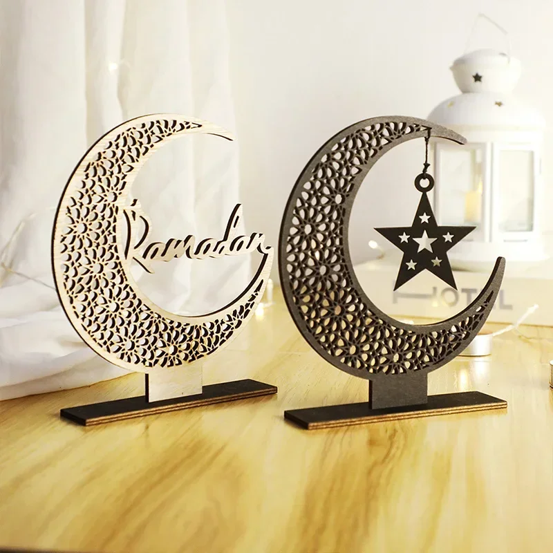 Wooden Desktop Moon Star Ornaments Muslim Kareem Festival Home Table Decoration Mubarak Eid Moon Ornament Creative Ramadan