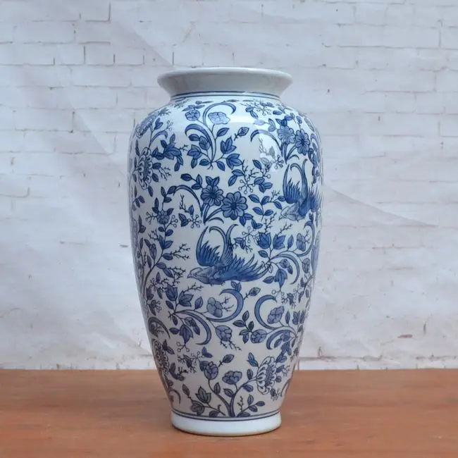 Classical ceramic vase large mouth flower arrangement blue and white porcelain flower and bird pattern vase flower