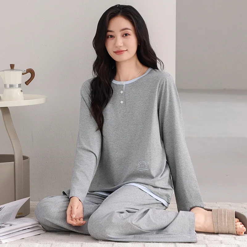 2Pcs Set Cotton Pajamas set for Women Autumn Spring Long Nightwear Pullover Breathable Comfortable Sleepwear Mujer Pijamas