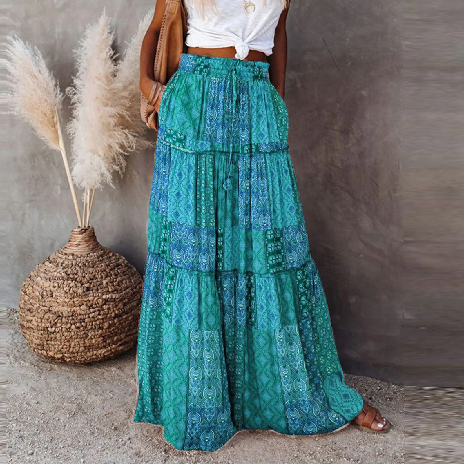 2024 Women\'S Summer Elastic Waist Maxi Skirts Boho A Line Flowy Long Skirts With Pockets Bohemian Skirts For Ladies