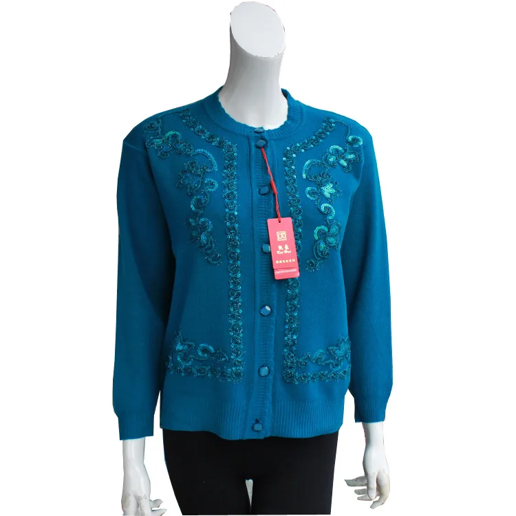 Women's Knitted Sweater Coat Floral Embroidery Midlife Spring Autumn Faion Ladies Open Cardigan Long Sve Regular Fit