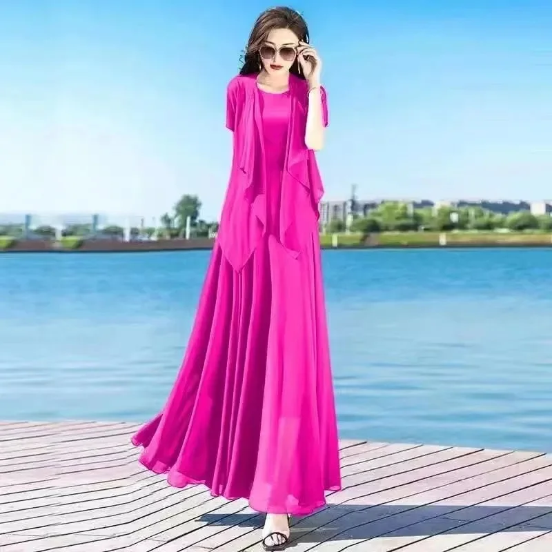 Women's Dress Vestidos Chic Summer Chiffon Shawl Dress 2-Piece Set 2025 New Sleeveless Elegant Slim Long Dresses Female Sundress