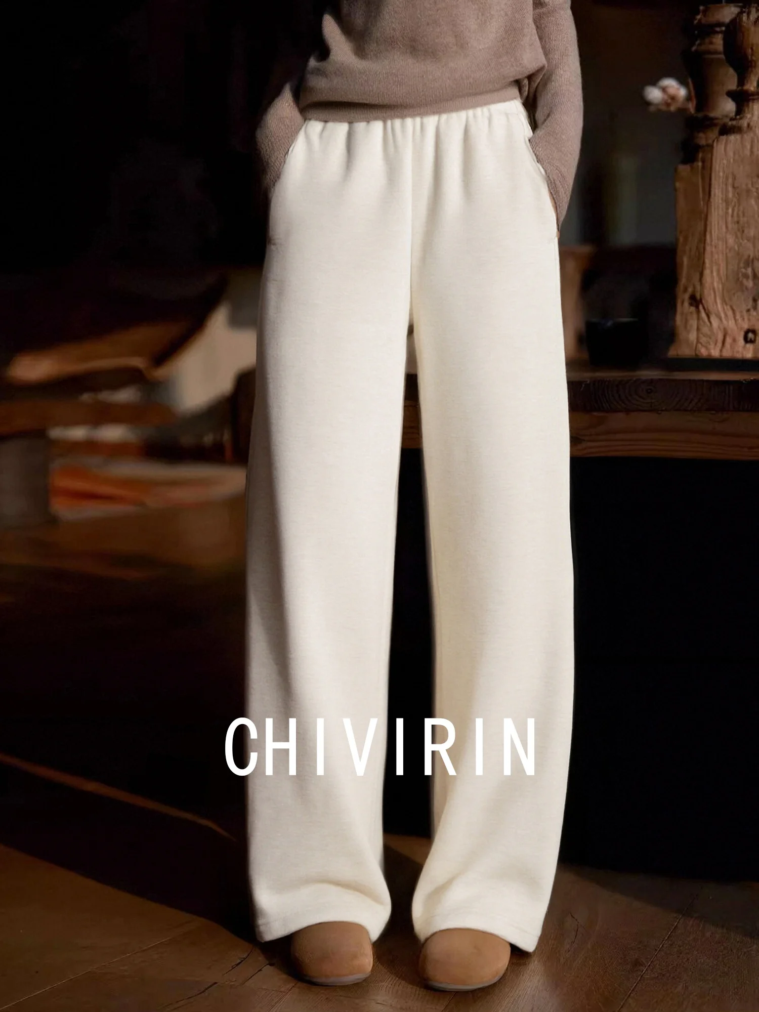 

Chivirin High Waist Straight Leg Thiened Autumn Winter Women's Casual Pants Sweatpants Wear Resistant Durable Wool Blend