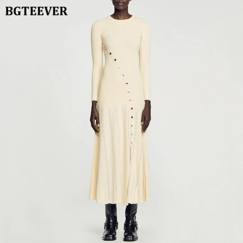 

BGTEEVER Autumn Winter Casual O-neck Slim Waist Female Sweater Dress Elegant Long Sleeve Buttons Ladies Knitted A-line Dress