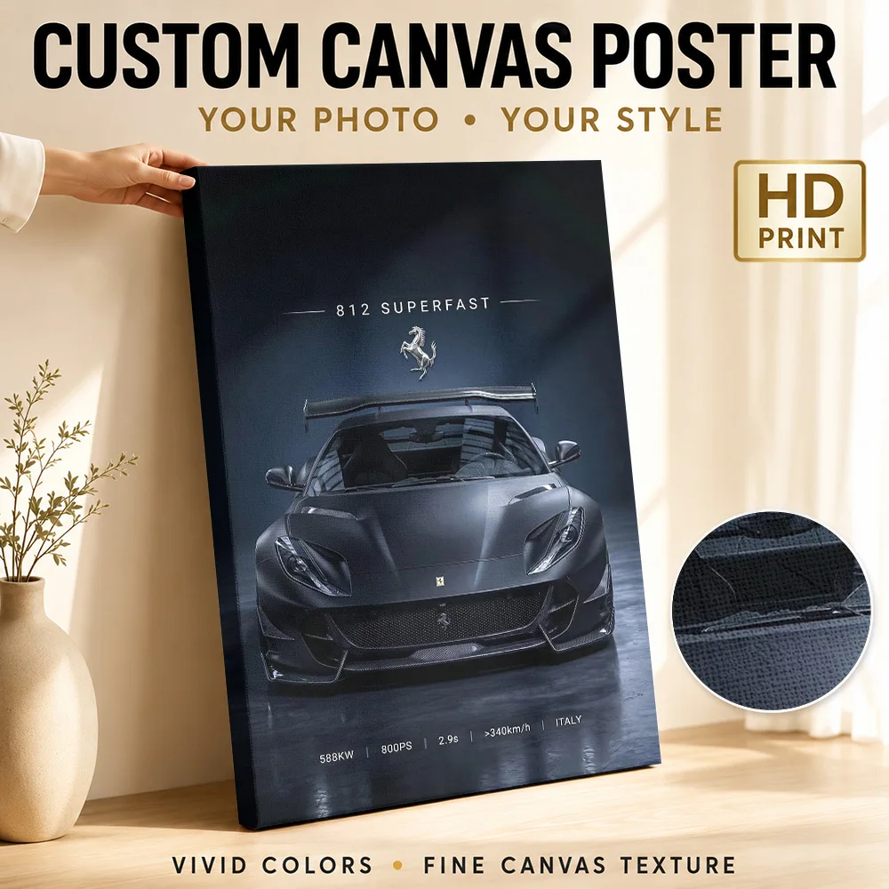 Sleek supercar 812 Superfast Matte Black Canvas Painting Poster Personalized Photo Modern Aesthetic Wall Art for Bedroom Decor